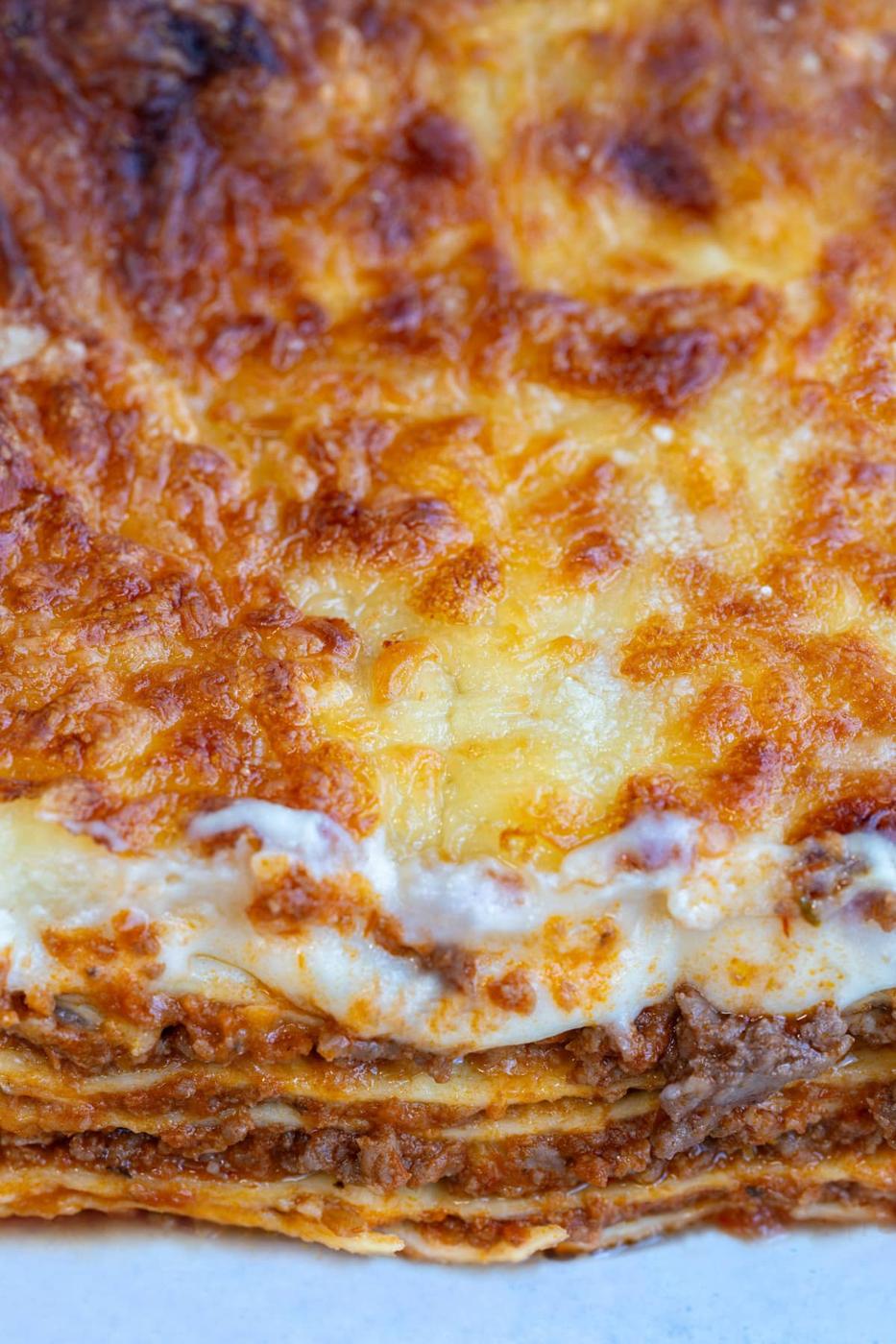 close up on air fryer lasagna