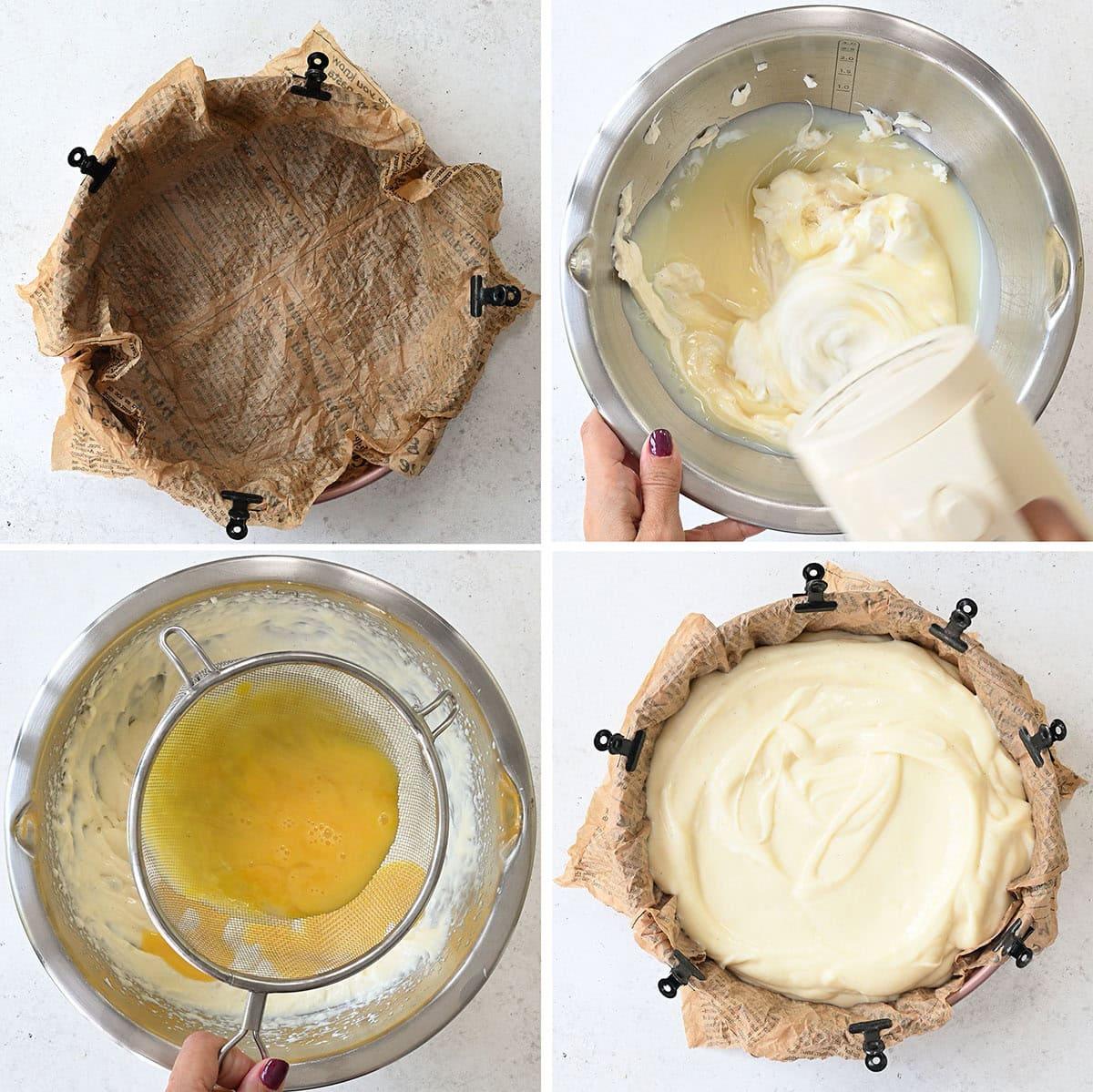 Four-step cheesecake preparation: (1) baking paper clipped to a cake pan, (2) cream cheese mixture being mixed with a hand mixer, (3) eggs strained into batter, (4) smooth batter poured into lined pan.