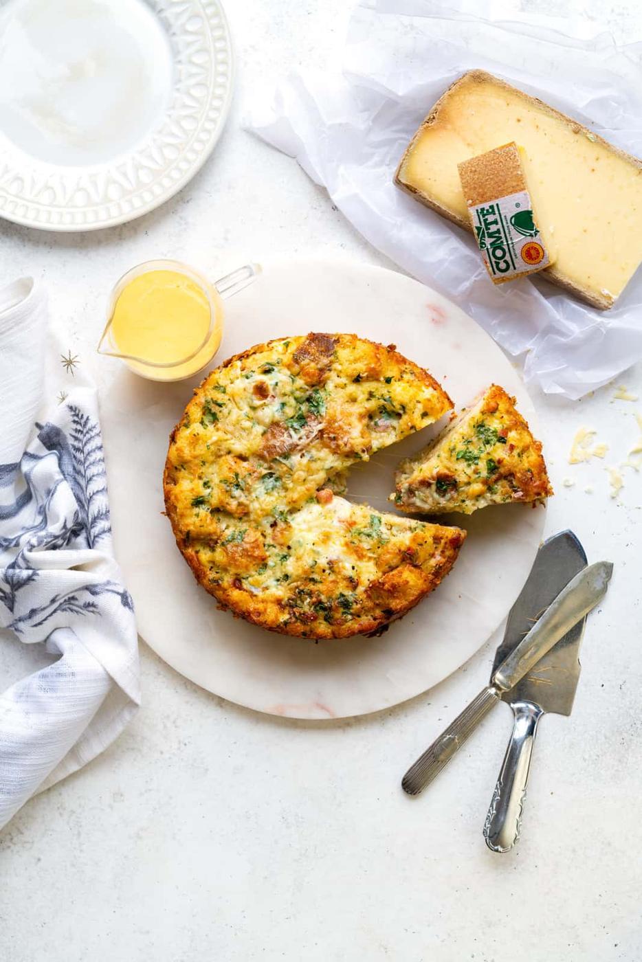 Breakfast strata baked in a round cake tin