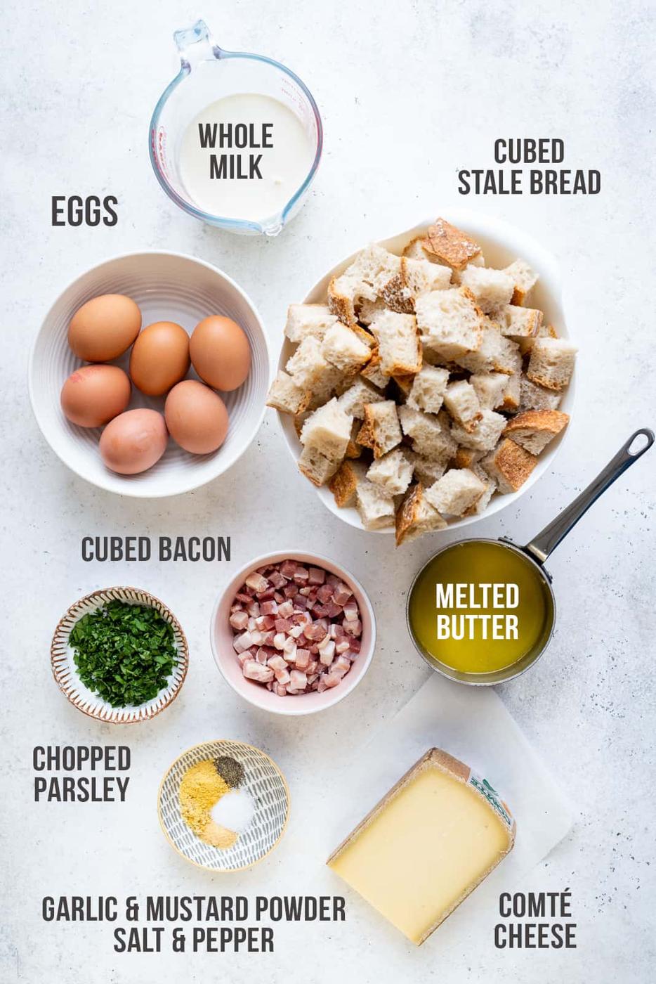 Ingredients for breakfast strata laid out on a white background