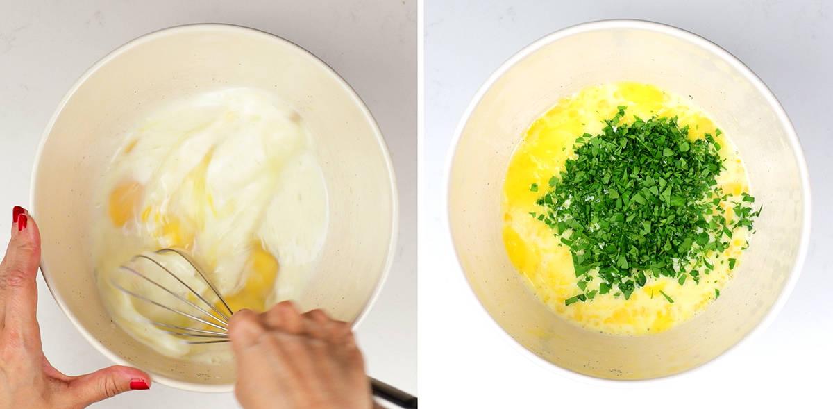 mixing ingredients for breakfast casserole in a bowl collage
