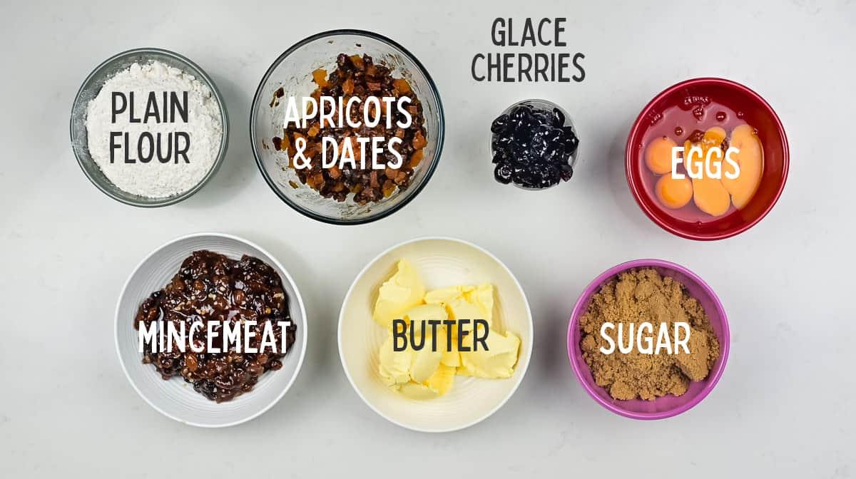 christmas cake ingredients in bowls