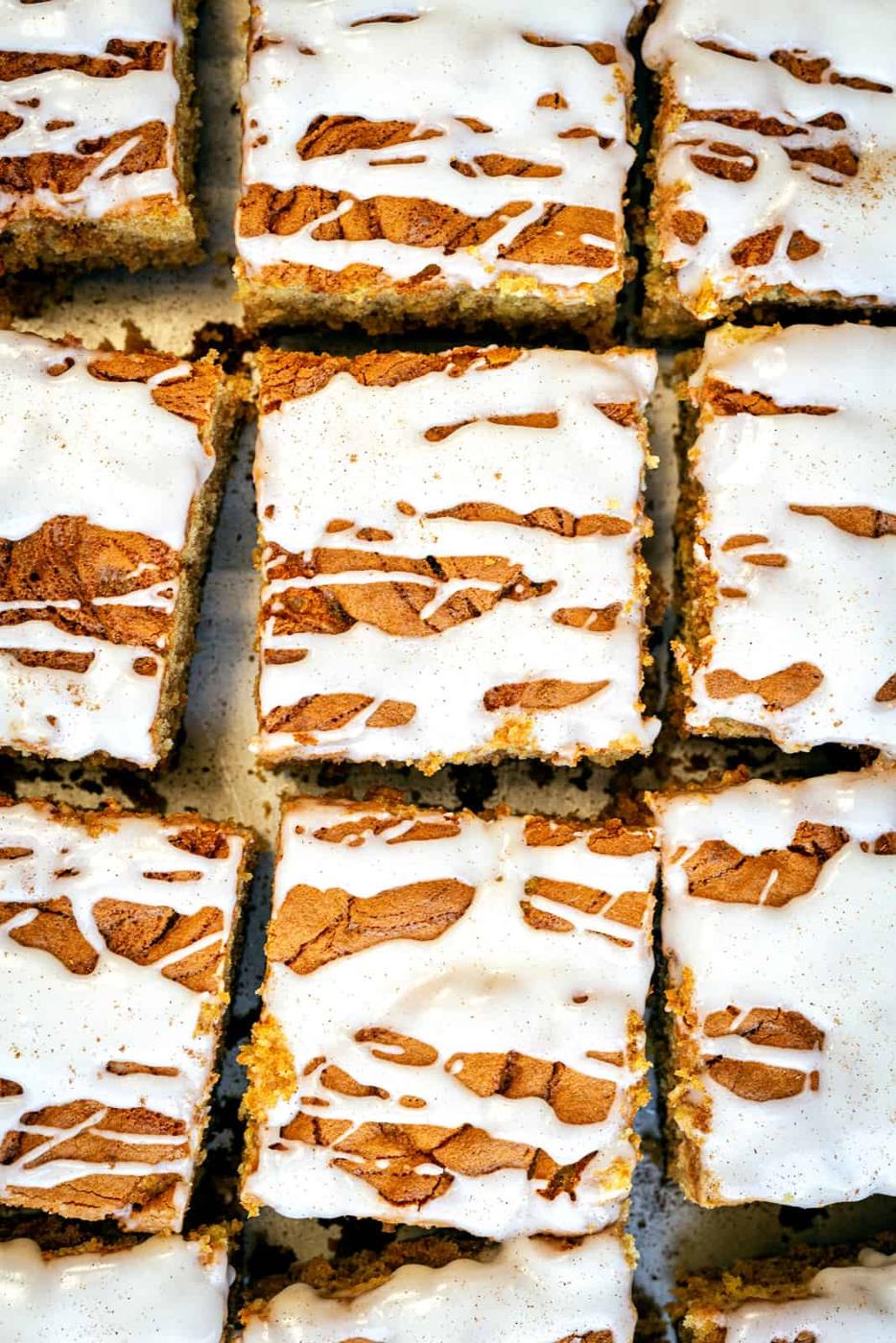 overhead close up of cinnamon coffee cake cut into squares