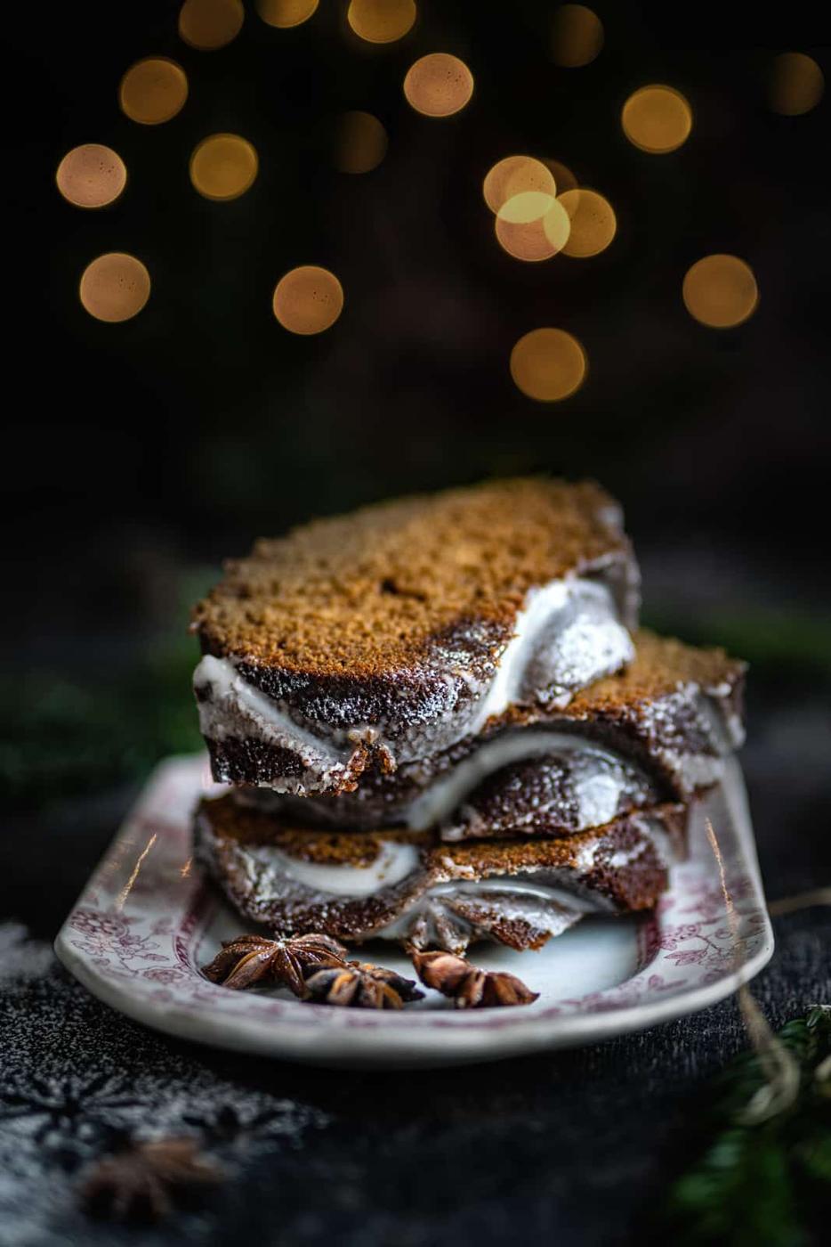 slices of gingerbread stacked on a plate