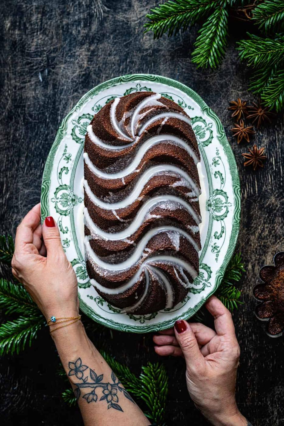 overhead shot of gingerbread loaf drizzled with rum glaze