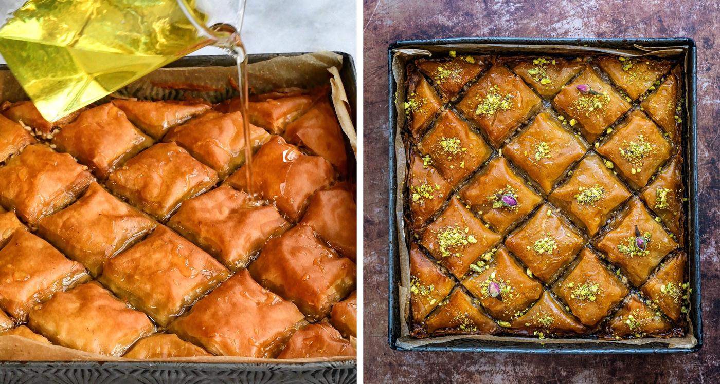 Adding syrup over Greek baklava