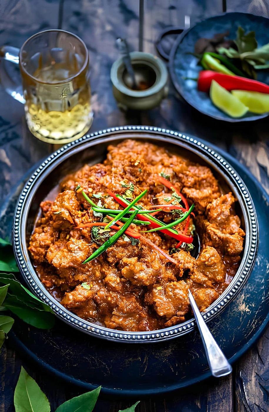 A bowl of lamb bhuna garnished with sliced red and green chilies on a decorative plate with a spoon, with a drink, herbs and lime wedges on a rustic wooden table.