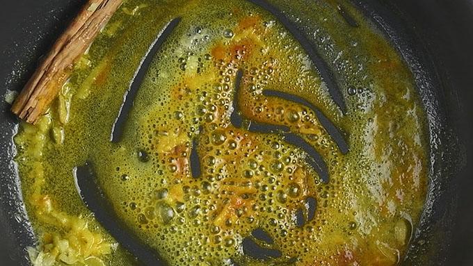 Cooking spices, cinnamon, cardamom in butter