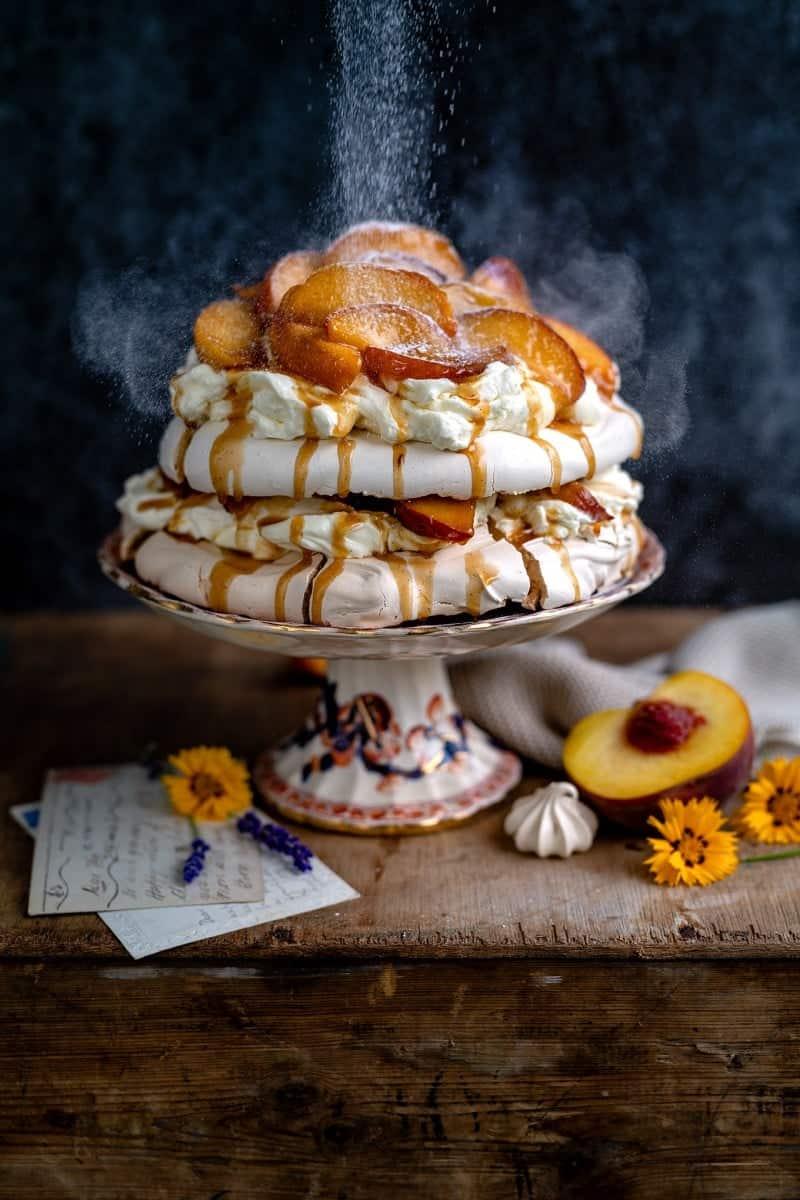 Brown Sugar Pavlova with Caramelised Peaches