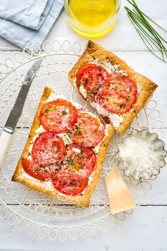 Easy vegetarian puff pastry tomato tarts with feta and ricotta