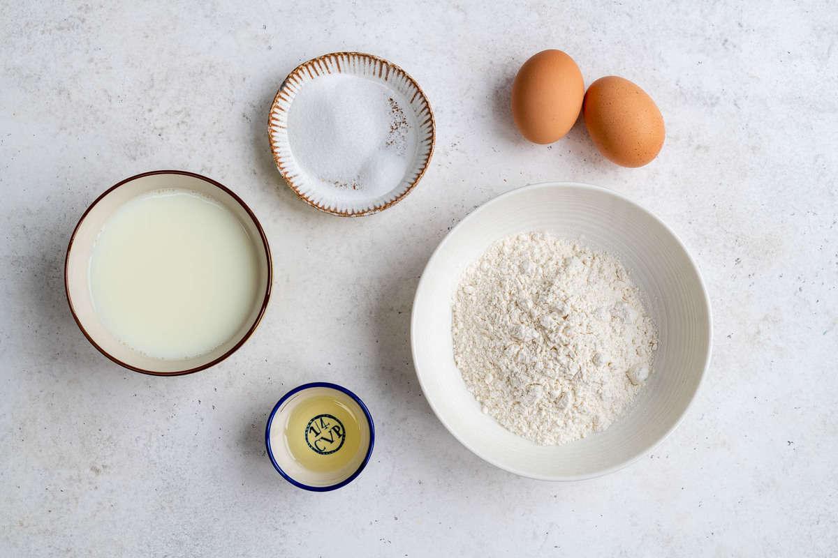 English pancake ingredients: flour, milk, sugar eggs