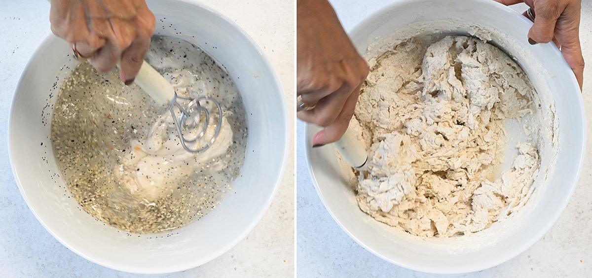 two process photos showing mixing ingredients for sourdough bread