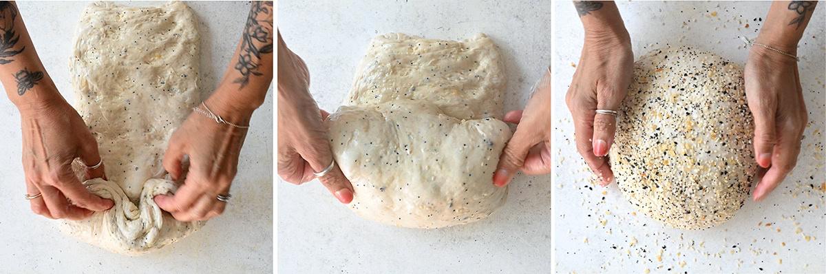 process photos showing how to fold sourdough to shape