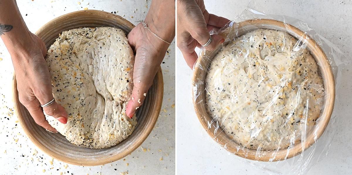 process images showing how to place dough in banneton