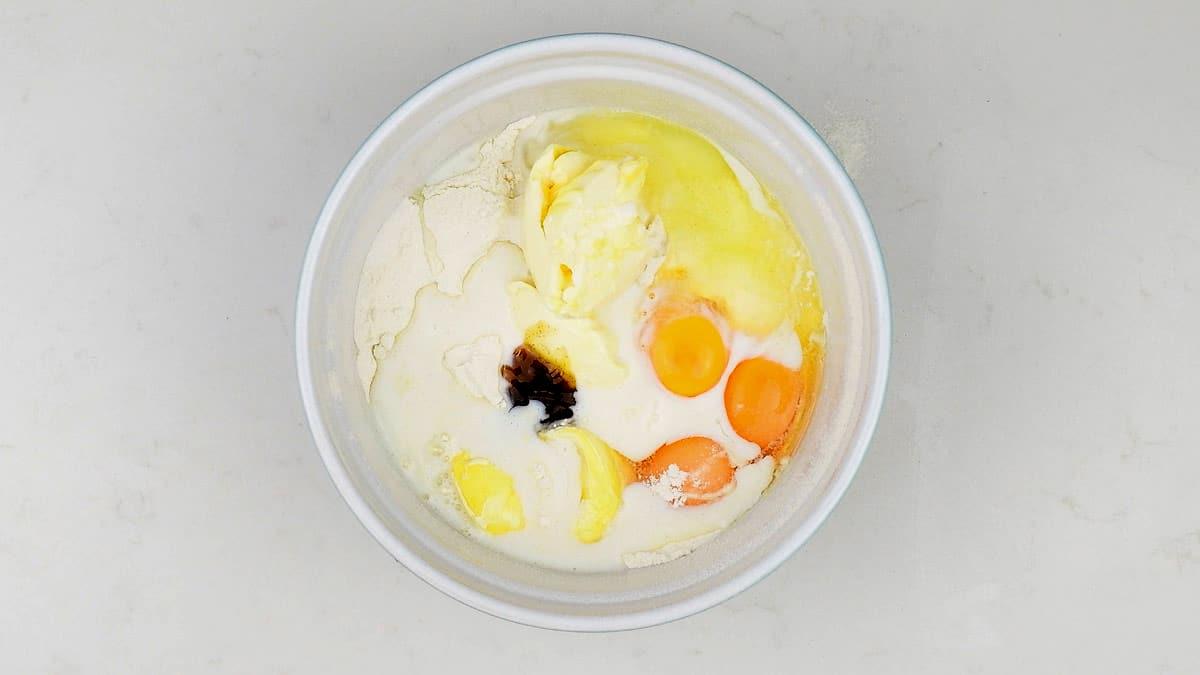 Sponge cake ingredients in a mixing bowl