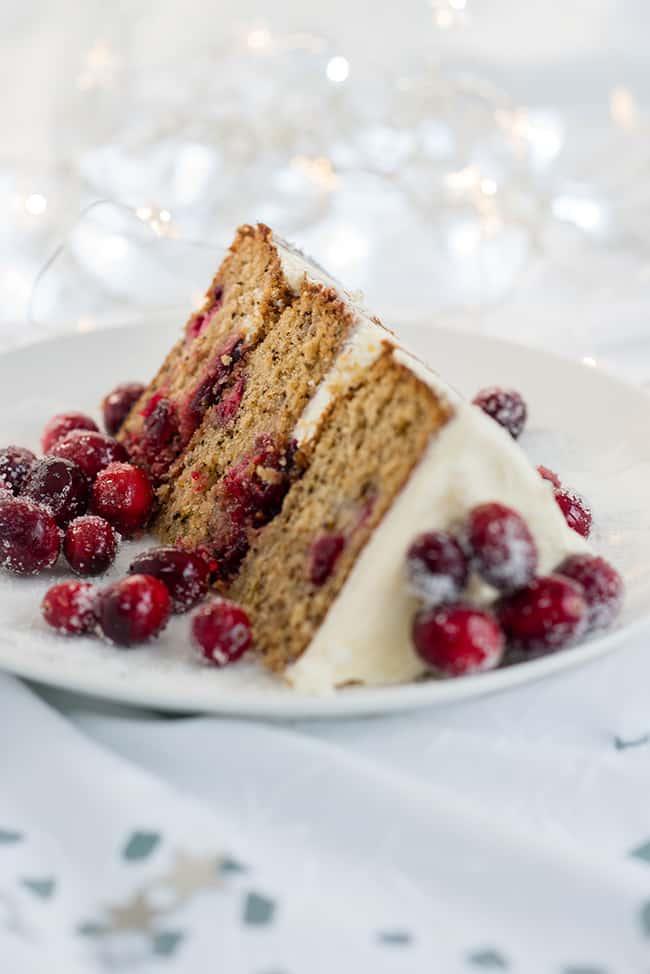 slice of cranberry walnut layer cake