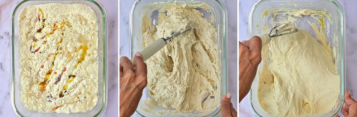 Three side-by-side images show the process of mixing focaccia dough: the first with flour and wet ingredients, the second with partially mixed dough and a hand using a dough whisk, and the third with a smoother dough being kneaded.