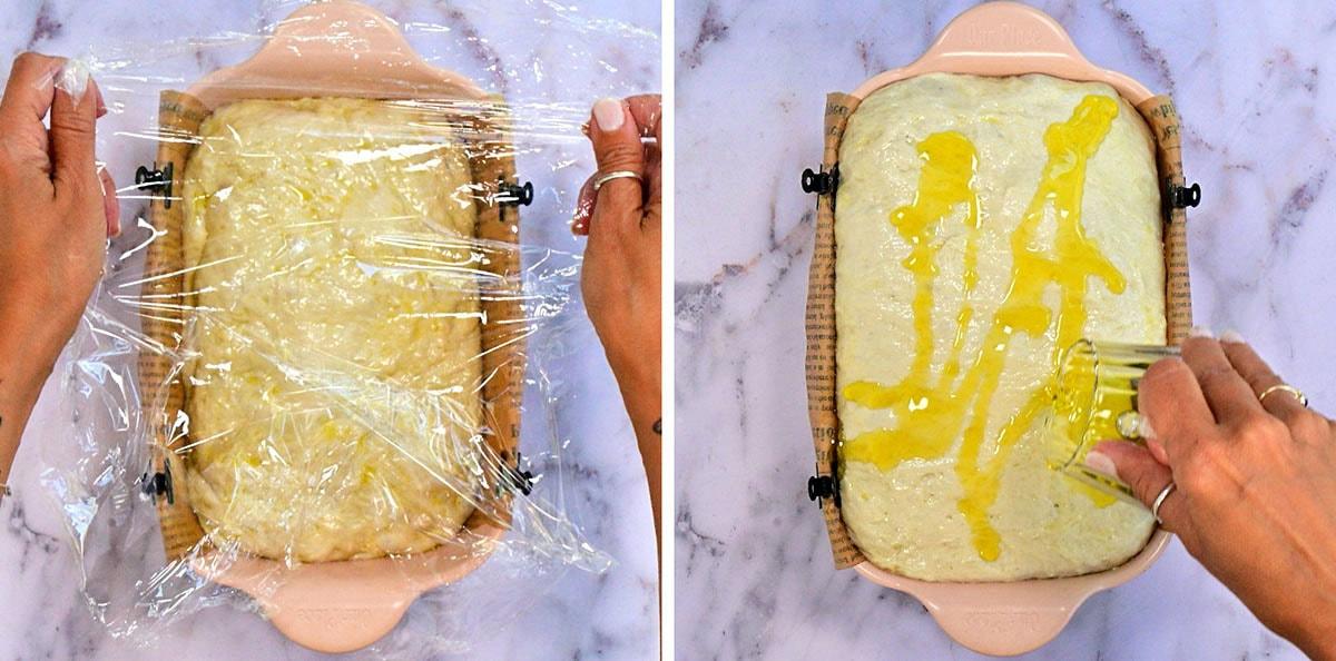 Split image: Left side shows hands covering dough in a baking dish with plastic wrap. Right side shows hands drizzling olive oil over risen dough in the same dish on a marble surface.