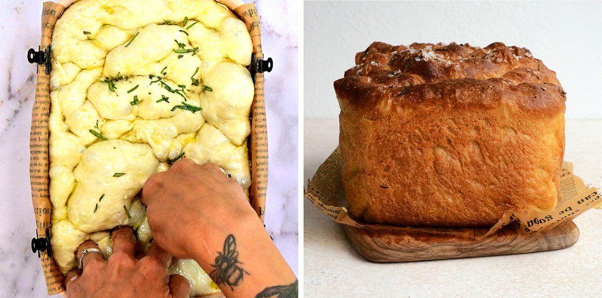 Split image: Left side shows hands dimpling dough in a baking dish, garnished with herbs. Right side displays a loaf of golden-brown bread on a wooden board lined with brown paper.