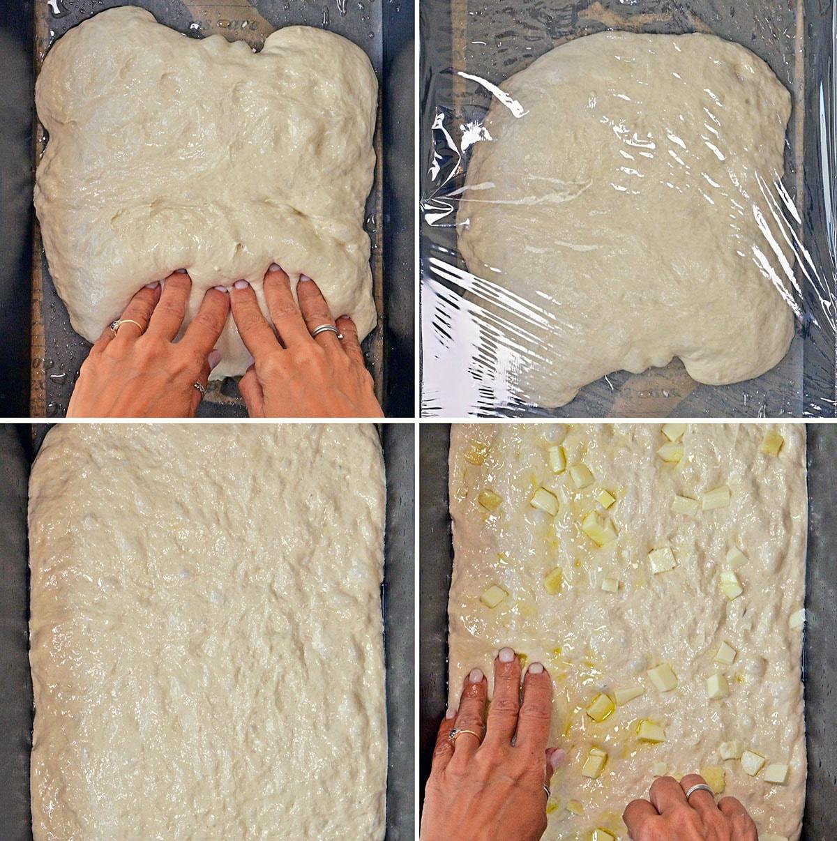 Four images show making focaccia pizza base: pressing dough with fingers, covering it with plastic wrap, spreading it in a pan, and pressing diced onions and oil into the surface with fingers.