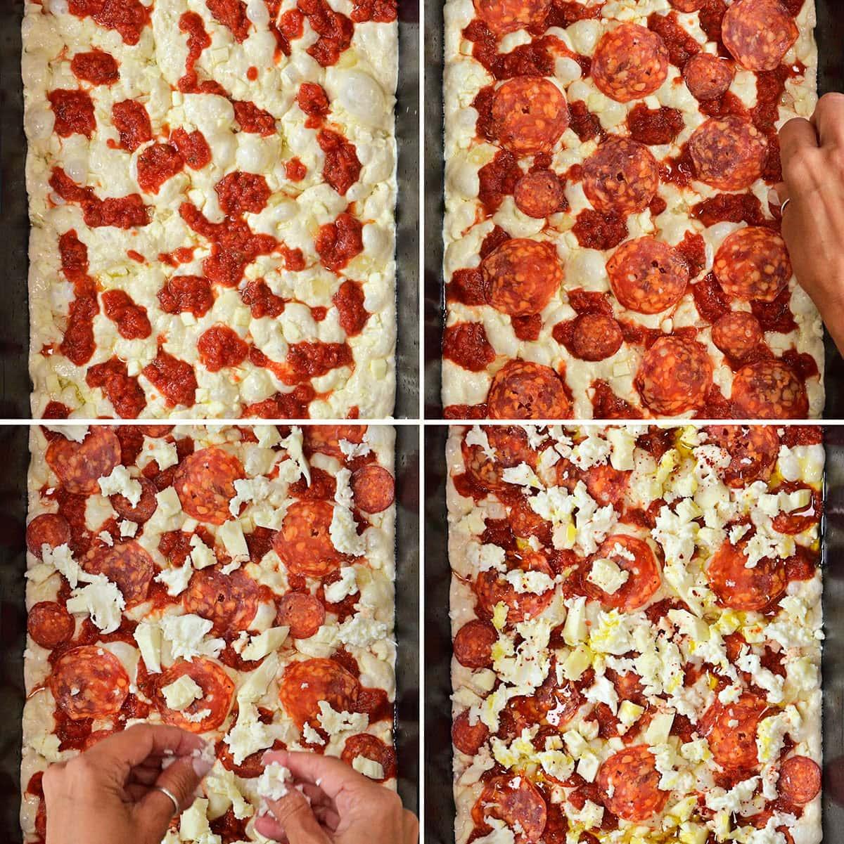 Four-panel image showing the process of making a pepperoni pizza: dough with sauce, adding pepperoni slices, sprinkling cheese, and a finished pizza ready to bake. Hands are visible placing toppings in some panels.