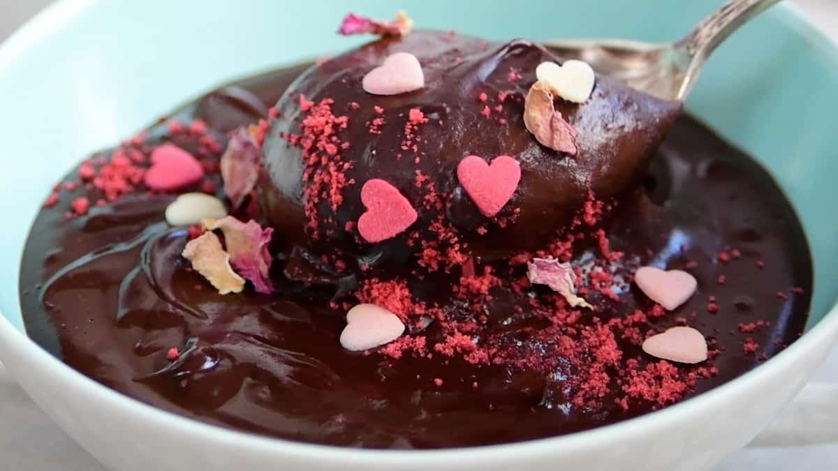 close up on bowl of chocolate soup