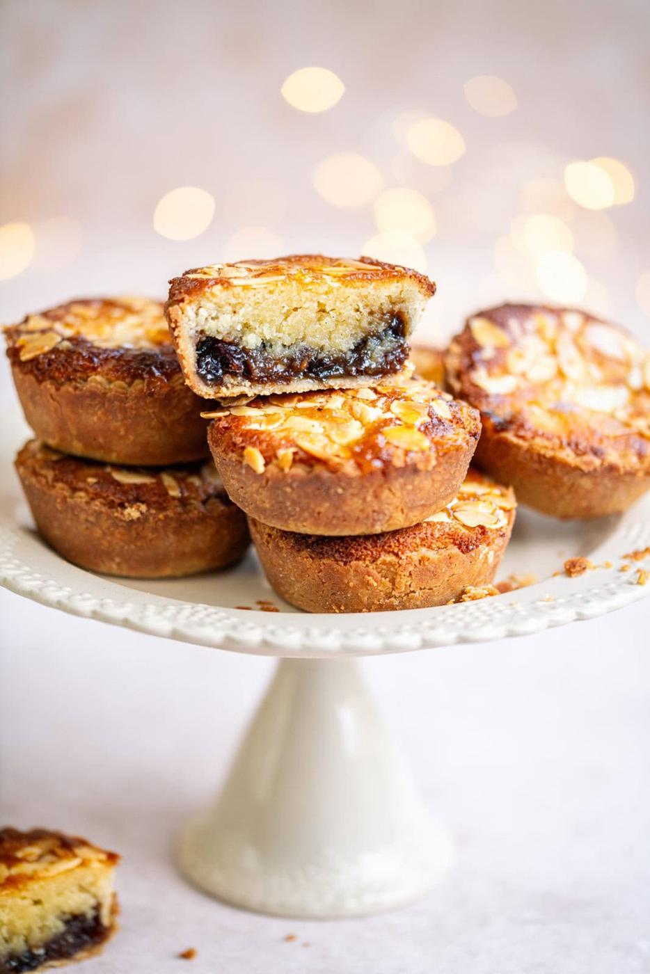 Frangipane mince pies on a small cake stand, one sliced in half to show the filling