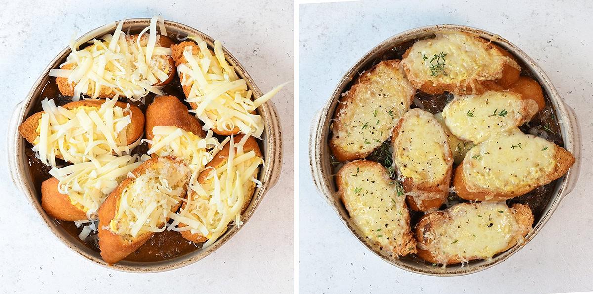 French onion beef stew topping with slices of baguette topped with Gruyere cheese (collage)
