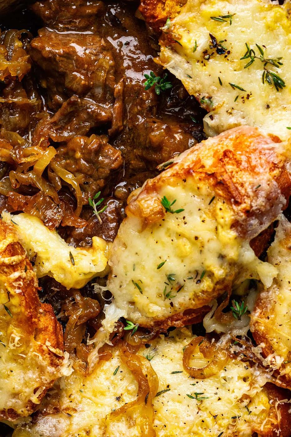 extreme close up on French onion beef stew