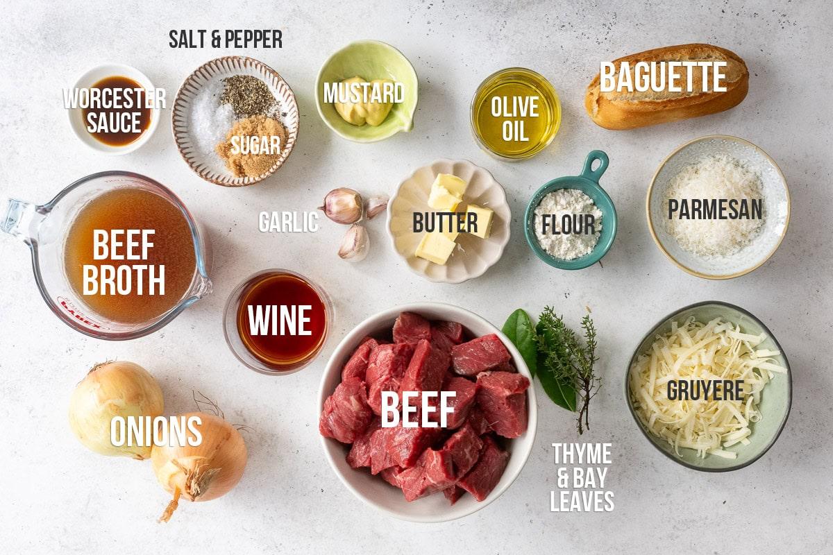 French onion beef stew ingredients, labelled