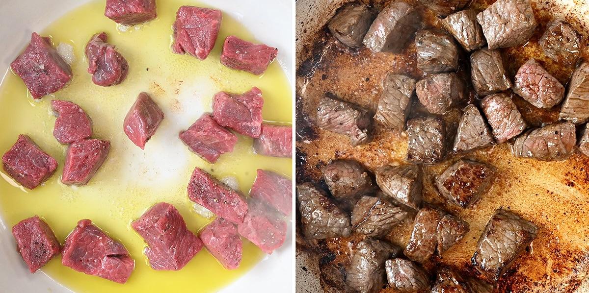 Searing beef cubes on the left, properly browned beef cubes on the right (process images)