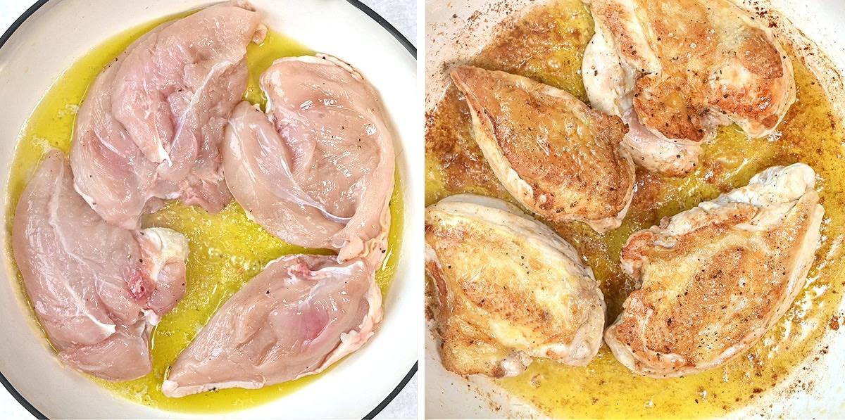 chicken breast cooking in a skillet (left) and shown with golden skin after searing (right)