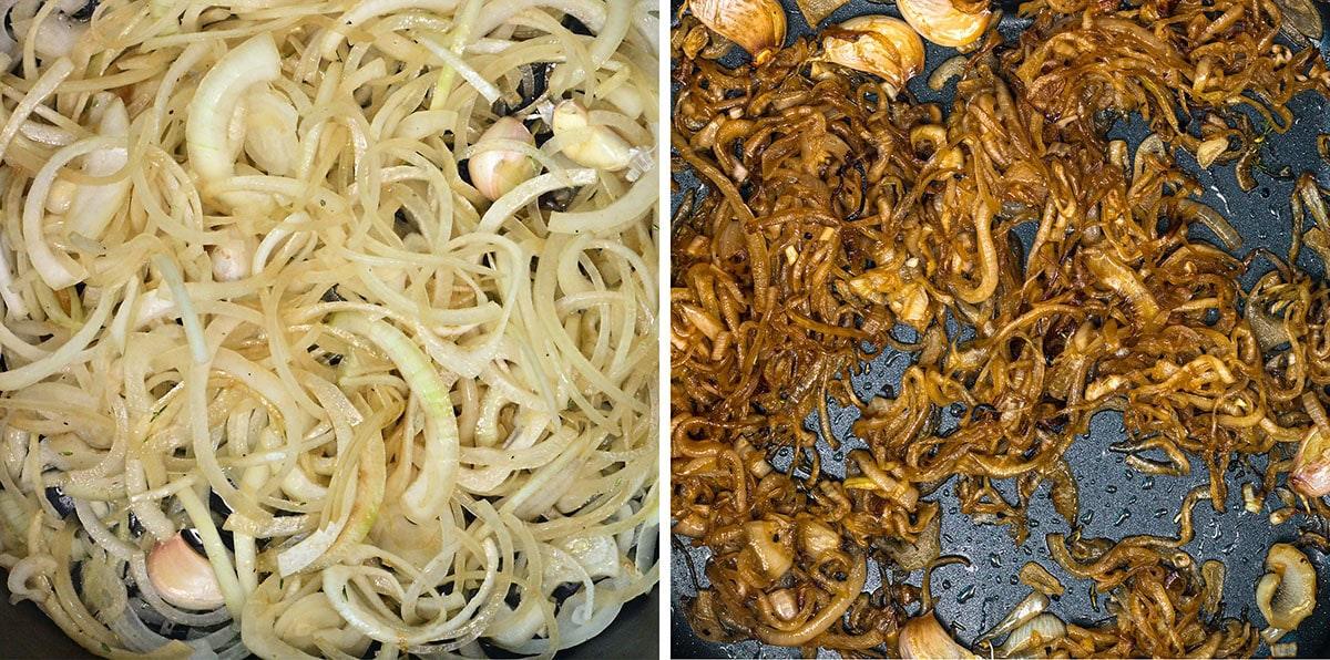 Split image showing sliced onions and garlic in a pan: on the left, they are raw and pale; on the right, they are browned and caramelized.
