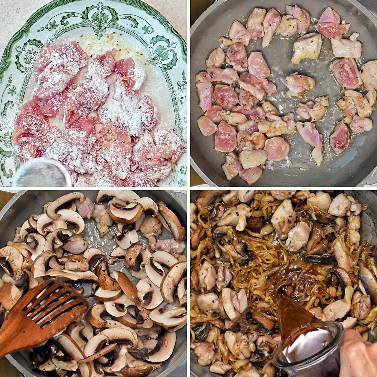 A collage shows four steps of cooking: coating chicken pieces with flour, browning them in a pan, adding sliced mushrooms, then pouring liquid into the pan with browned chicken, mushrooms, and onions.