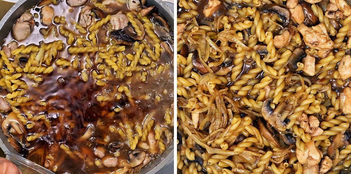 Side-by-side close-up photos of a skillet with pasta, mushrooms, and chicken. The left image shows the ingredients simmering in broth, while the right shows the finished dish with liquid absorbed and pasta cooked.