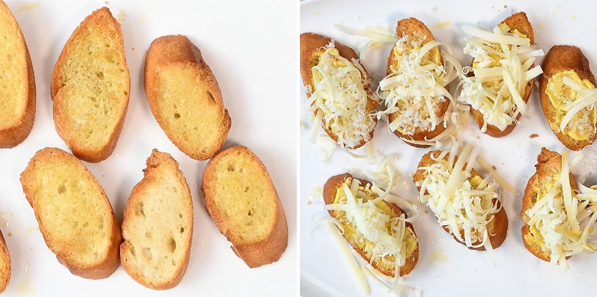 slices of baguette toasted in the oven (left) and topped with cheese (right)
