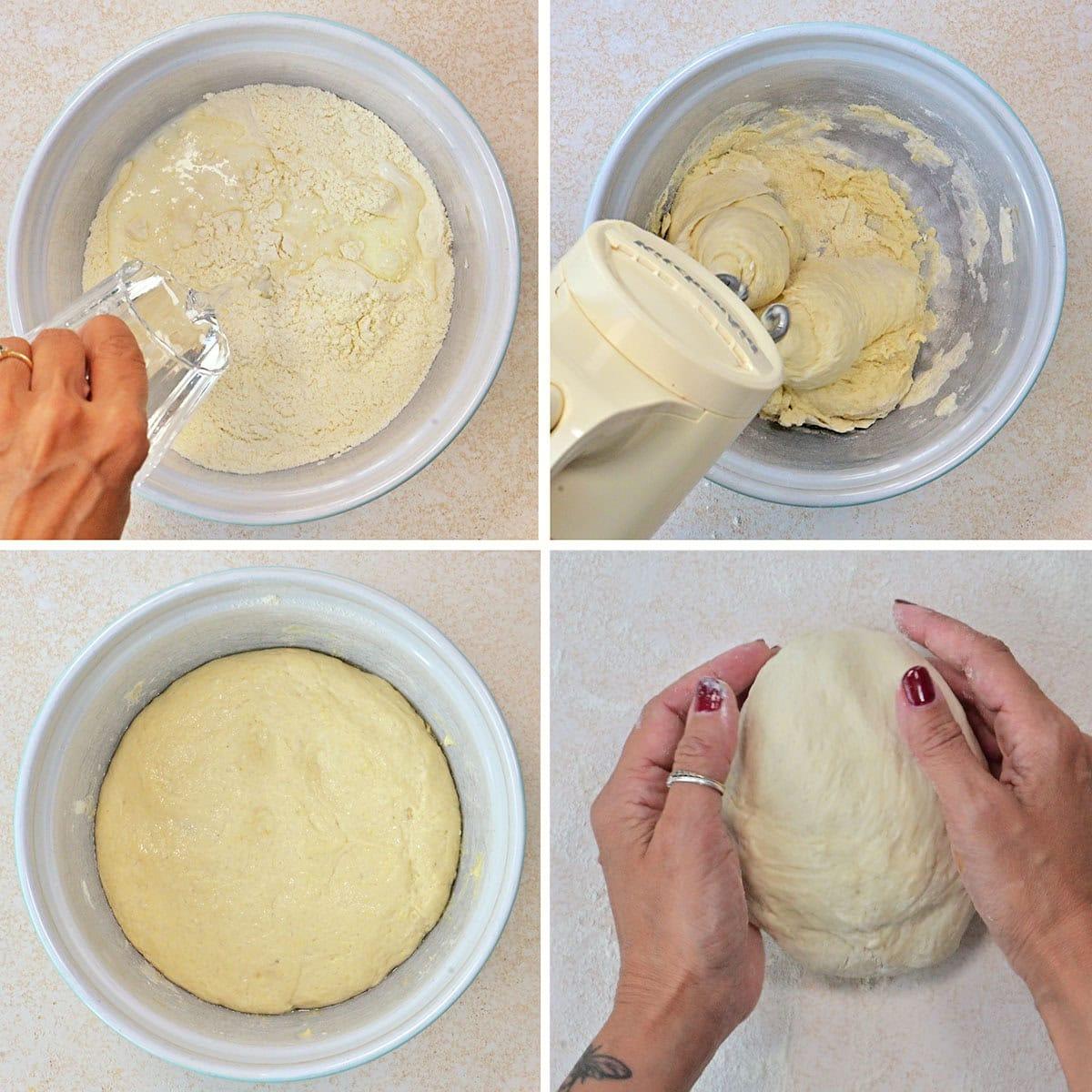Four images show steps of making naan dough: pouring water into flour in a bowl, mixing with a hand mixer, dough rising in a bowl, and hands kneading a smooth ball of dough.