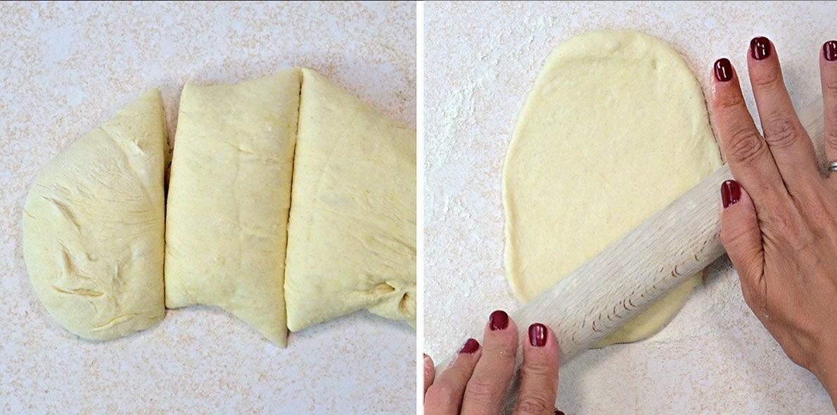 A split image: on the left, dough divided into three pieces; on the right, hands with red nail polish roll one piece into a flat oval with a wooden rolling pin on a floured surface.