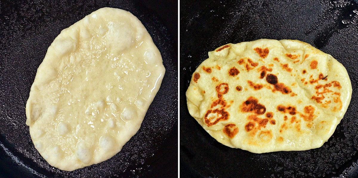 Side-by-side images of a naan cooking in a pan: the left shows the dough bubbling and pale, while the right shows the bread cooked with golden brown spots.