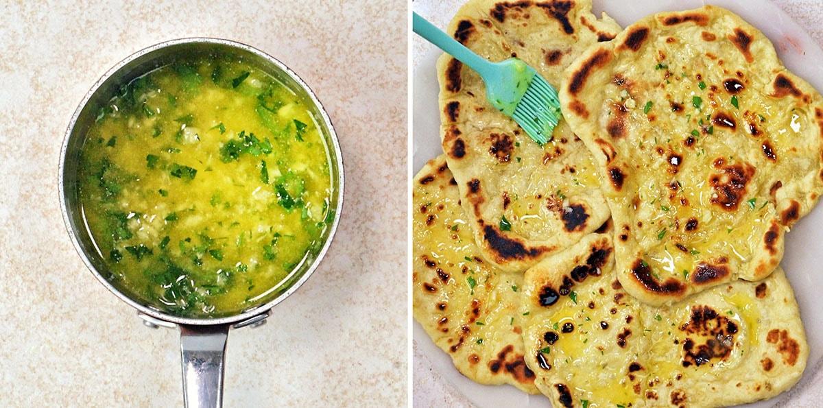 A saucepan of melted garlic herb butter sits on the left, and on the right, several pieces of golden brown naan bread are being brushed with the butter using a green brush.