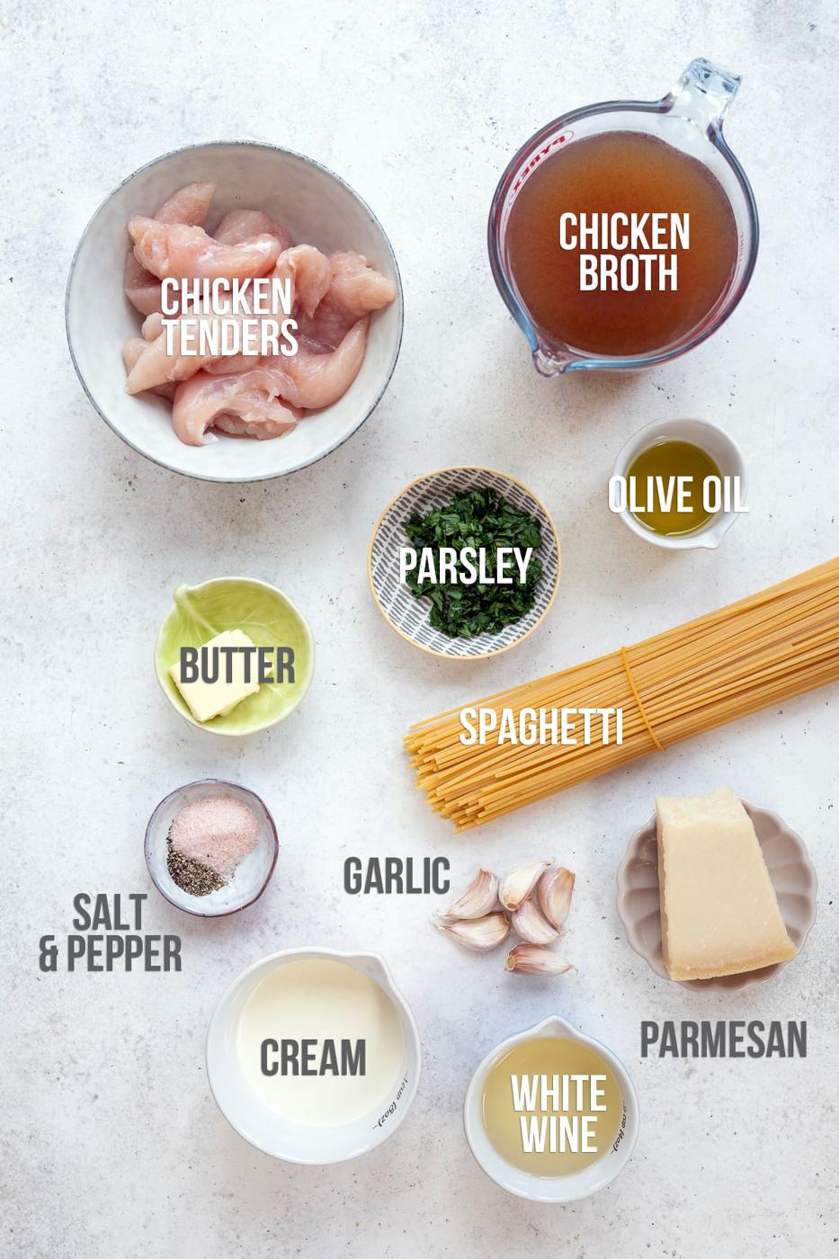 ingredients for garlic parmesan chicken pasta with captions on a white background