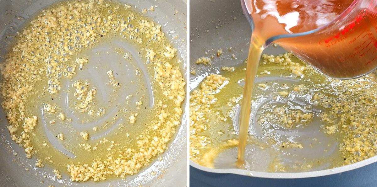 collage showing minced garlic cooking in a pan on the left and chicken broth being added on the right
