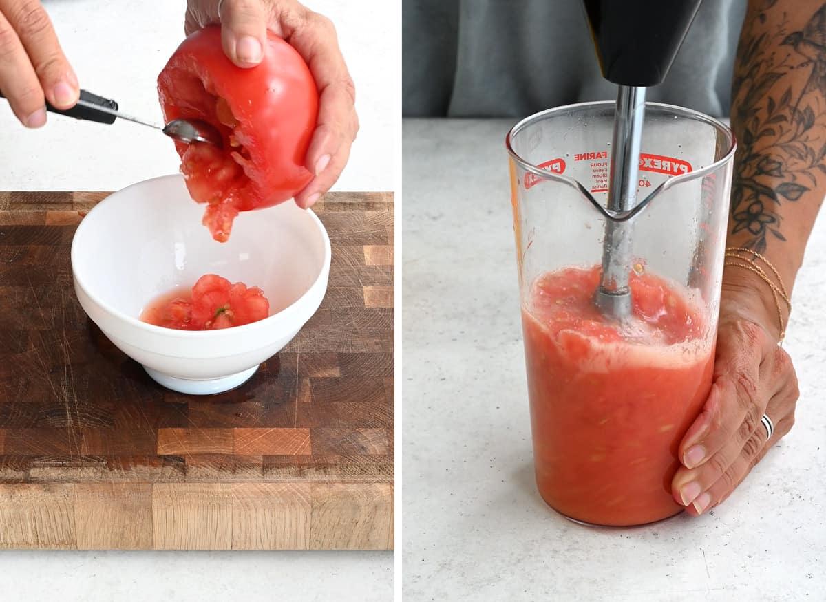 Hollowing out tomatoes and blending the flesh collage