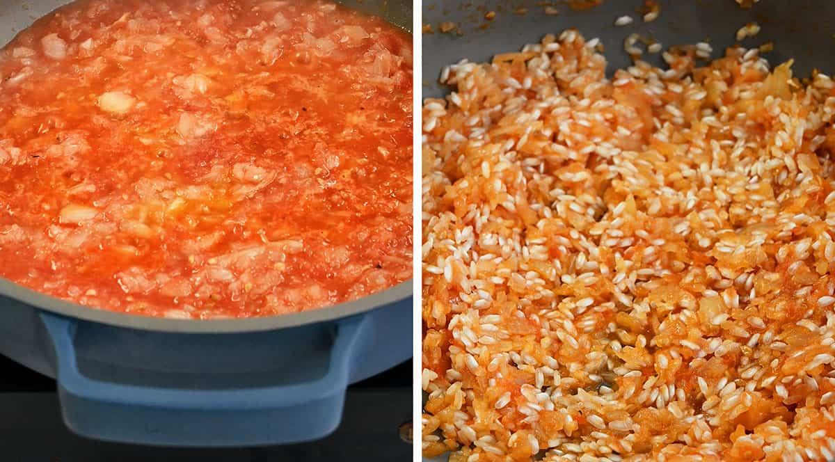 Making filling for Greek stuffed tomatoes