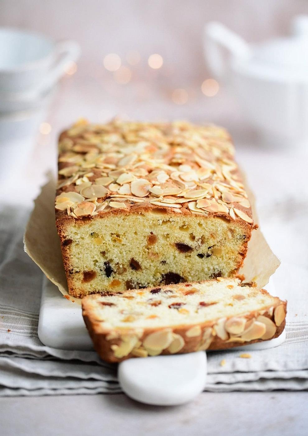 Genoa fruit cake, sliced, side view
