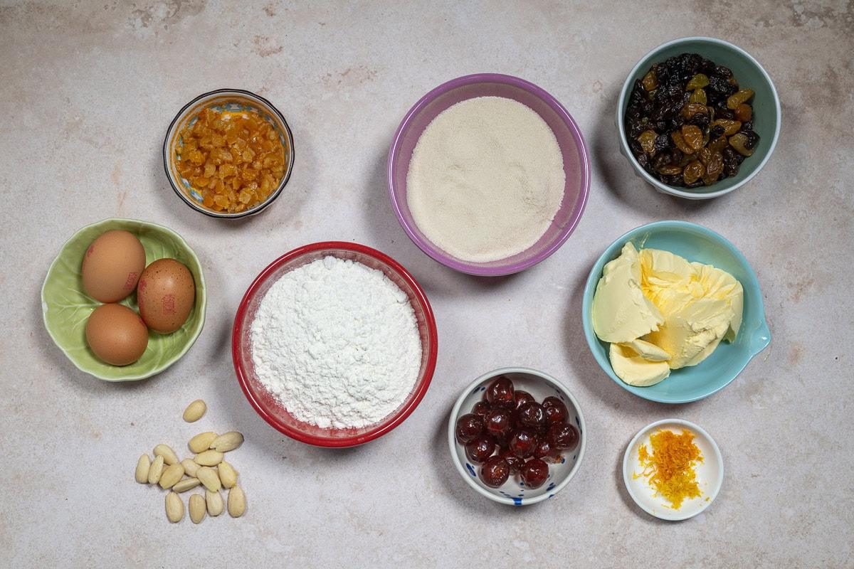 ingredients for Genoa cake laid out on a counter top