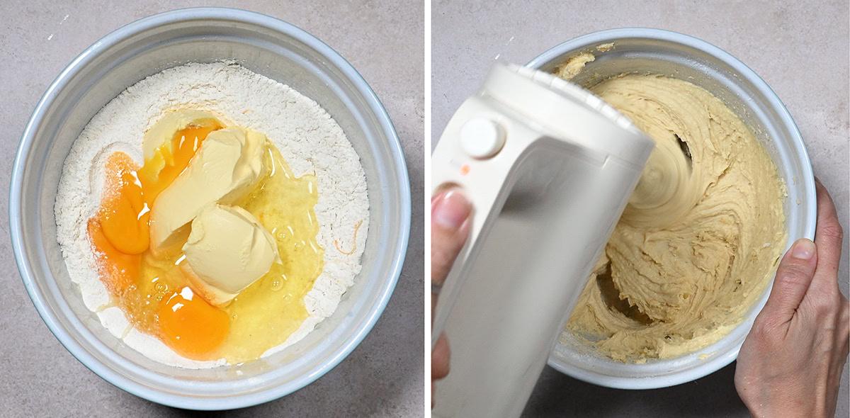 collage showing mixing batter for Genoa cake
