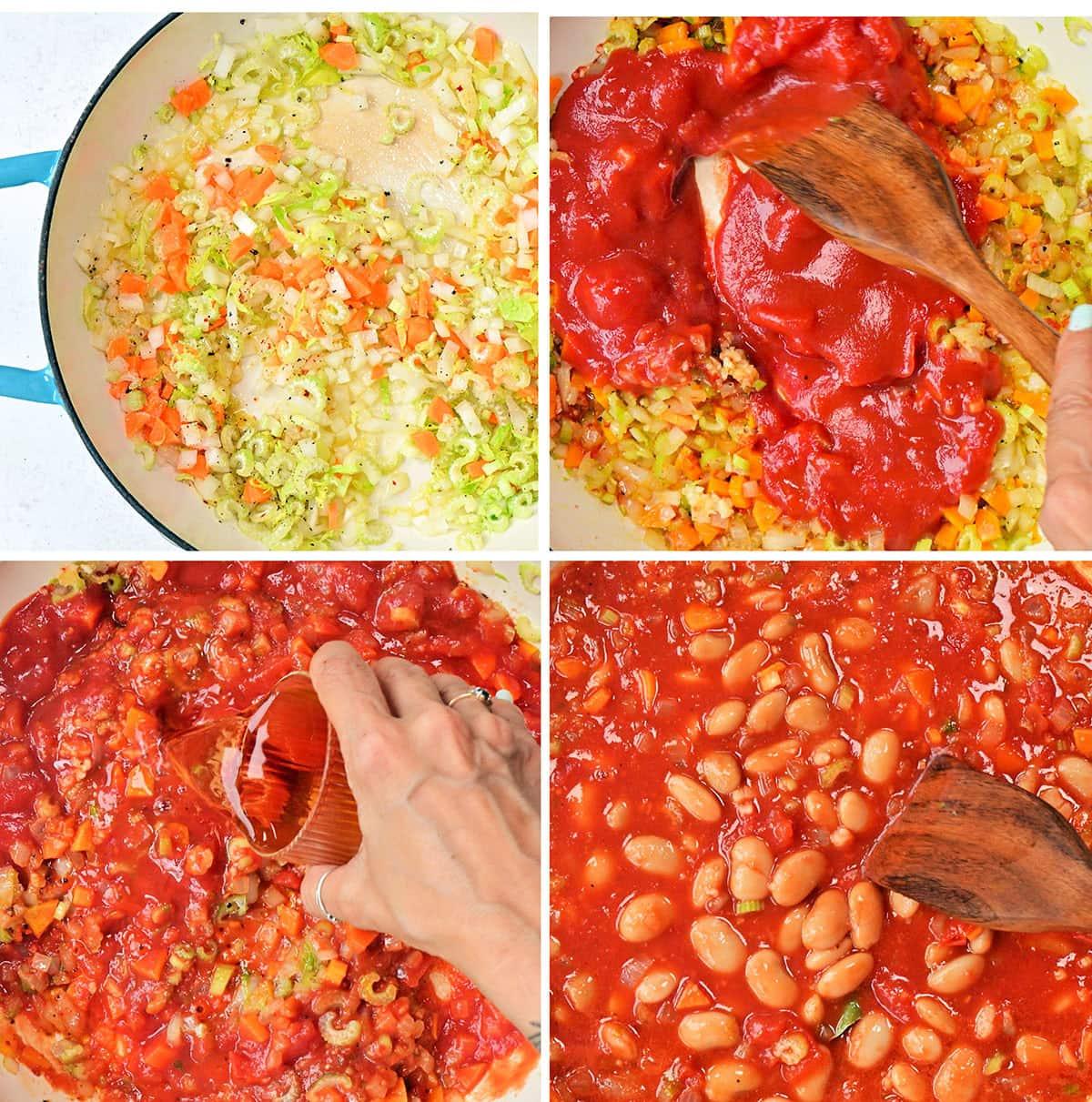 Four-panel collage showing the steps of making a Greek Gigantes plaki (giant beans in tomato sauce): sautéed vegetables in a pot, tomato sauce being added, liquid being poured in, and beans stirred into the tomato mixture.