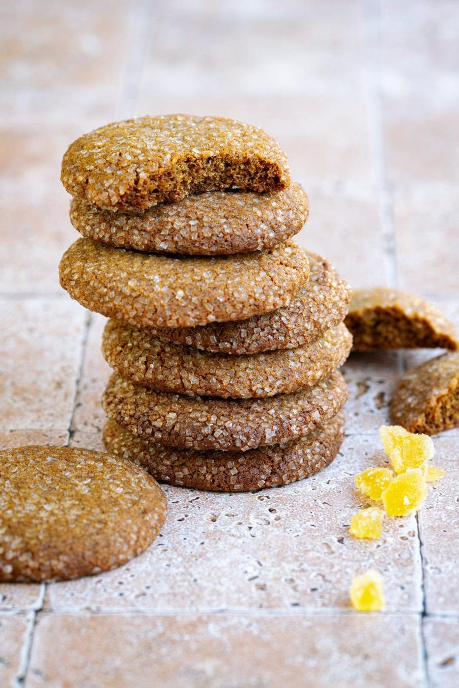 ginger cookies, stacked with crystalized ginger on the side