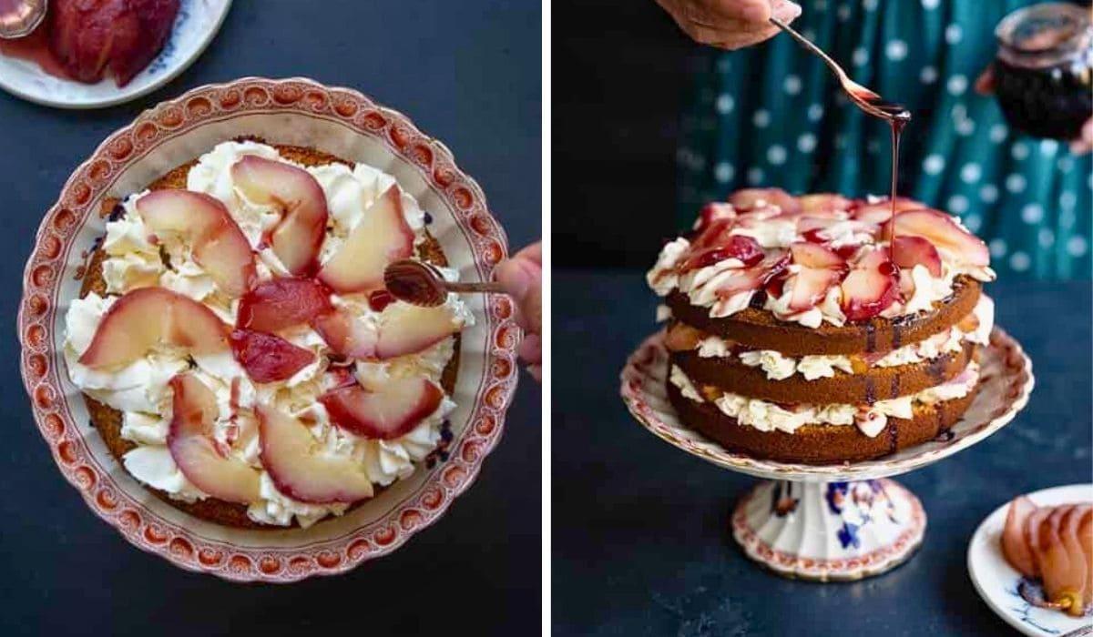 Two images: Left, a ginger layer cake on a floral plate topped with whipped cream and peach slices; right, a hand drizzles syrup over a layered cake with cream and peaches on a decorated cake stand.